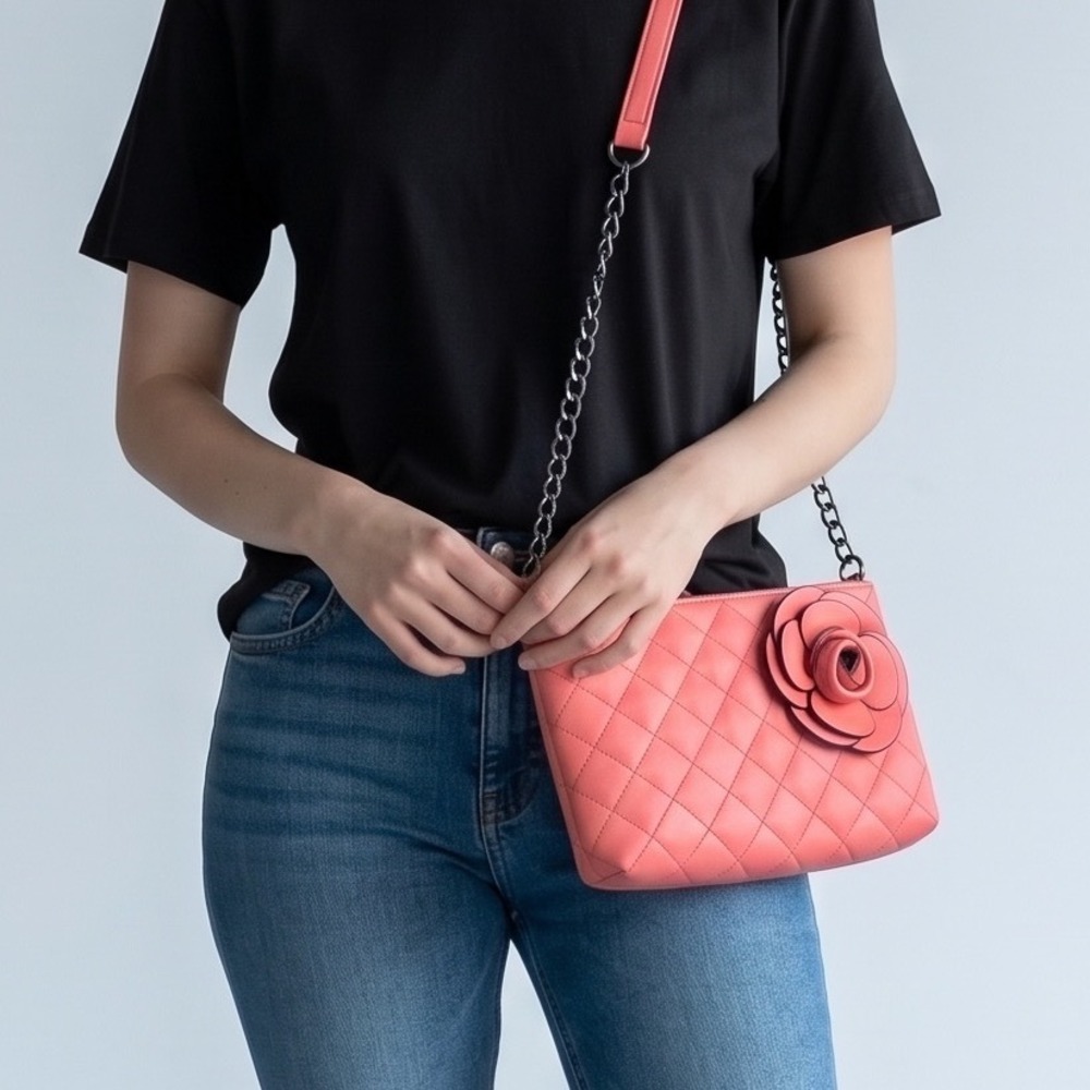 Pink Quilted Rosette Flower Crossbody Shoulder Bag Y2K Coquette 3D Rose Pure